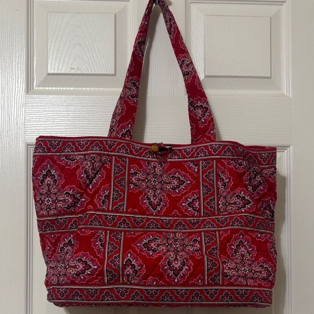 Vera Bradley Tick Tack Toe Toggle Tote Bag in Frankly Scarlet. 16”w x 12”h x 5”w